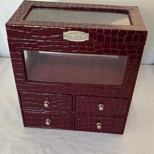 Jewelry Box by Prestige. Cranberry color. Faux alligator leather